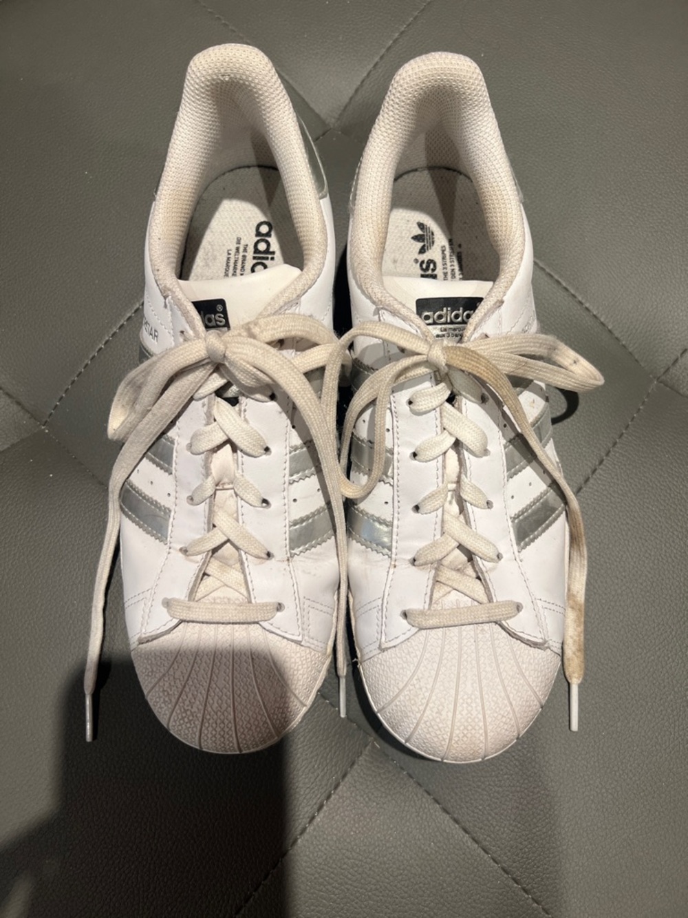 Adidas White Metallic Stripe Shell Toe Sneakers
